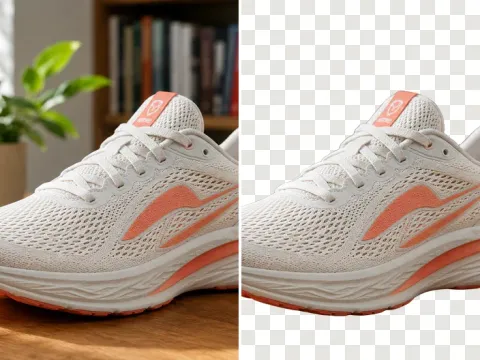 AwaCut, the bulk background remover: a running shoe photo before and after its background was removed