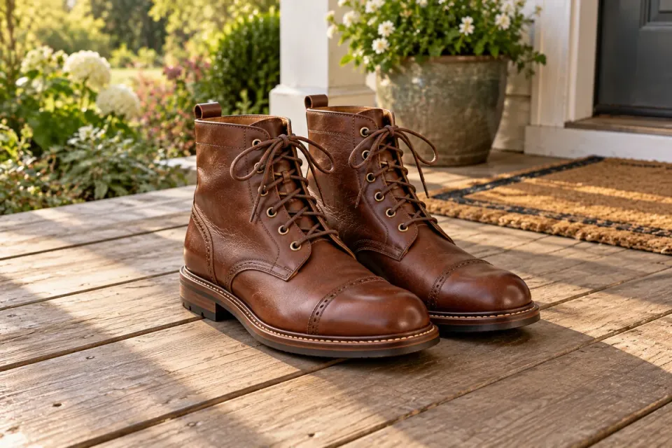 A pair of leather boots on a porch, before and after AwaCut removed the background